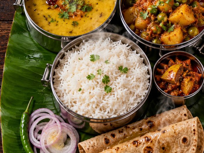 A home-style thali with dal, sabzi, rice and rotis